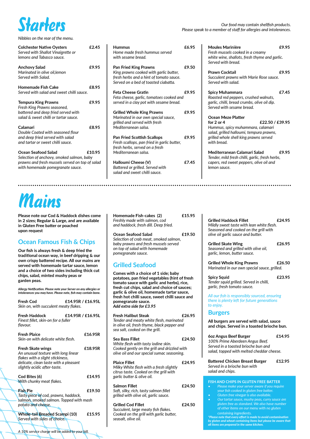 Ocean Fish Platter menu — Starters & Mains (page 1)